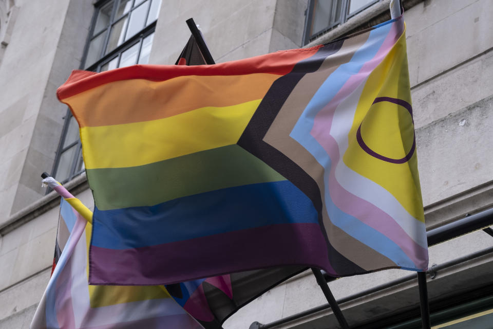Intersex Progress Pride flags outside a pub in on 22nd January 2022 in London, United Kingdom. The flag includes stripes to represent LGBTQ+ communities, with colors from the Transgender Pride Flag, alongside the and circle of the Intersex flag. (photo by Mike Kemp/In Pictures via Getty Images)