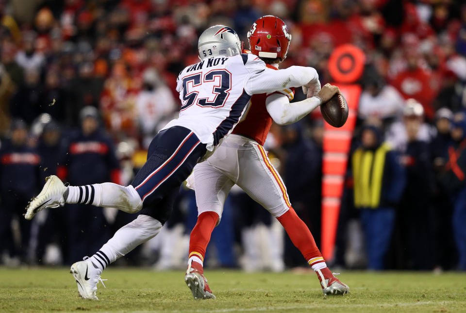 <p>Patrick Mahomes #15 of the Kansas City Chiefs fumbles the ball as he is hit by Kyle Van Noy #53 of the New England Patriots in the second quarter during the AFC Championship Game at Arrowhead Stadium on January 20, 2019 in Kansas City, Missouri. (Photo by Jamie Squire/Getty Images) </p>