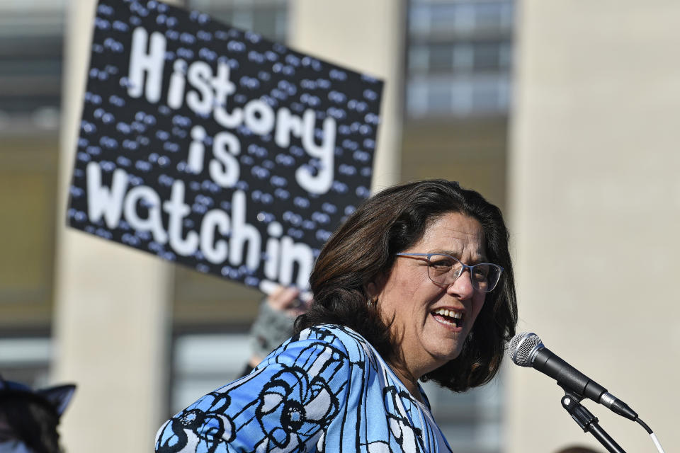 Kentucky state representative Karen Berg, speaks to a group of protesters gathered on the lawn of the Kentucky State Capitol in Frankfort, Ky., against Kentucky Senate bill SB150, known as the Transgender Health Bill, Wednesday, March 29, 2023. (AP Photo/Timothy D. Easley)