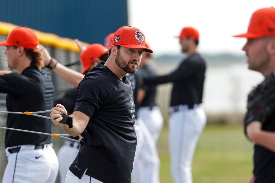 Detroit Tigers pitcher Casey Mize warms up during spring training at Tigertown in Lakeland, Fla. on Tuesday, Feb. 13, 2024.