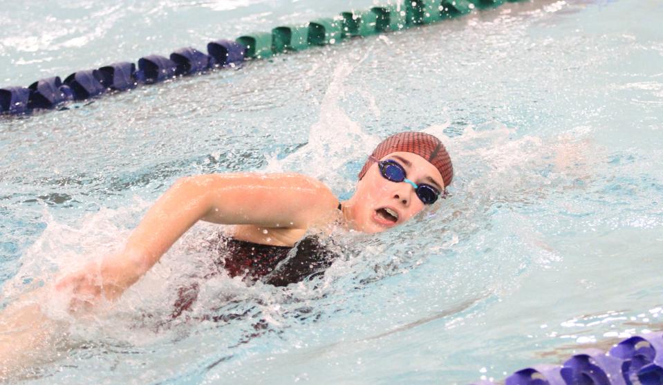 Johnstown's Kaci Grice swims the 500 freestyle during a meet with Granville, Northridge and Grandview Heights on Monday.