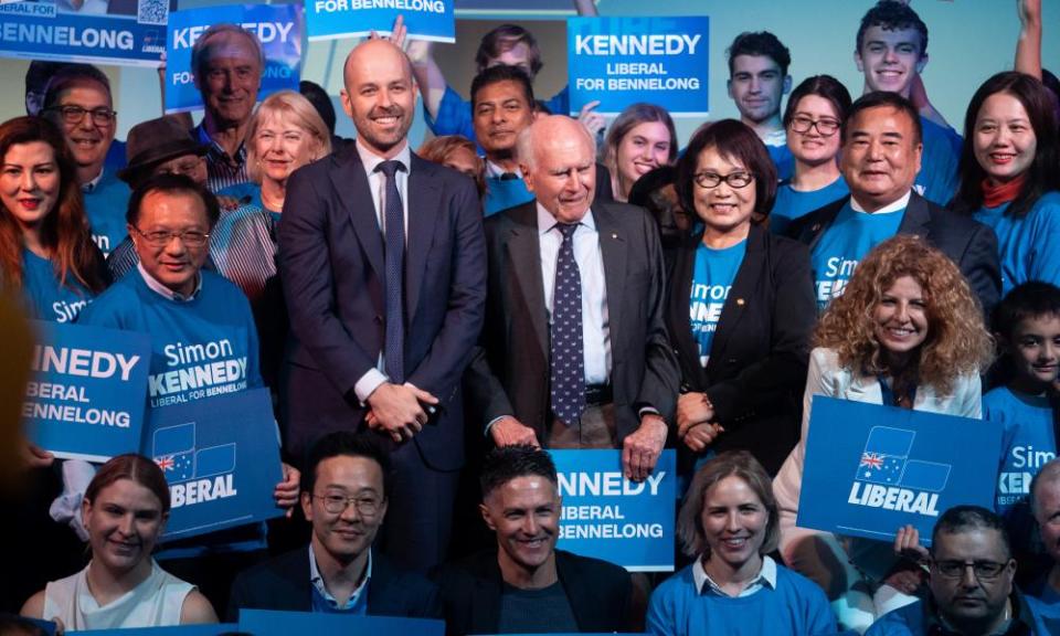 John Howard and the Liberal candidate for Bennelong Simon Kennedy at a campaign launch at the Ryde-Eastwood Leagues Club