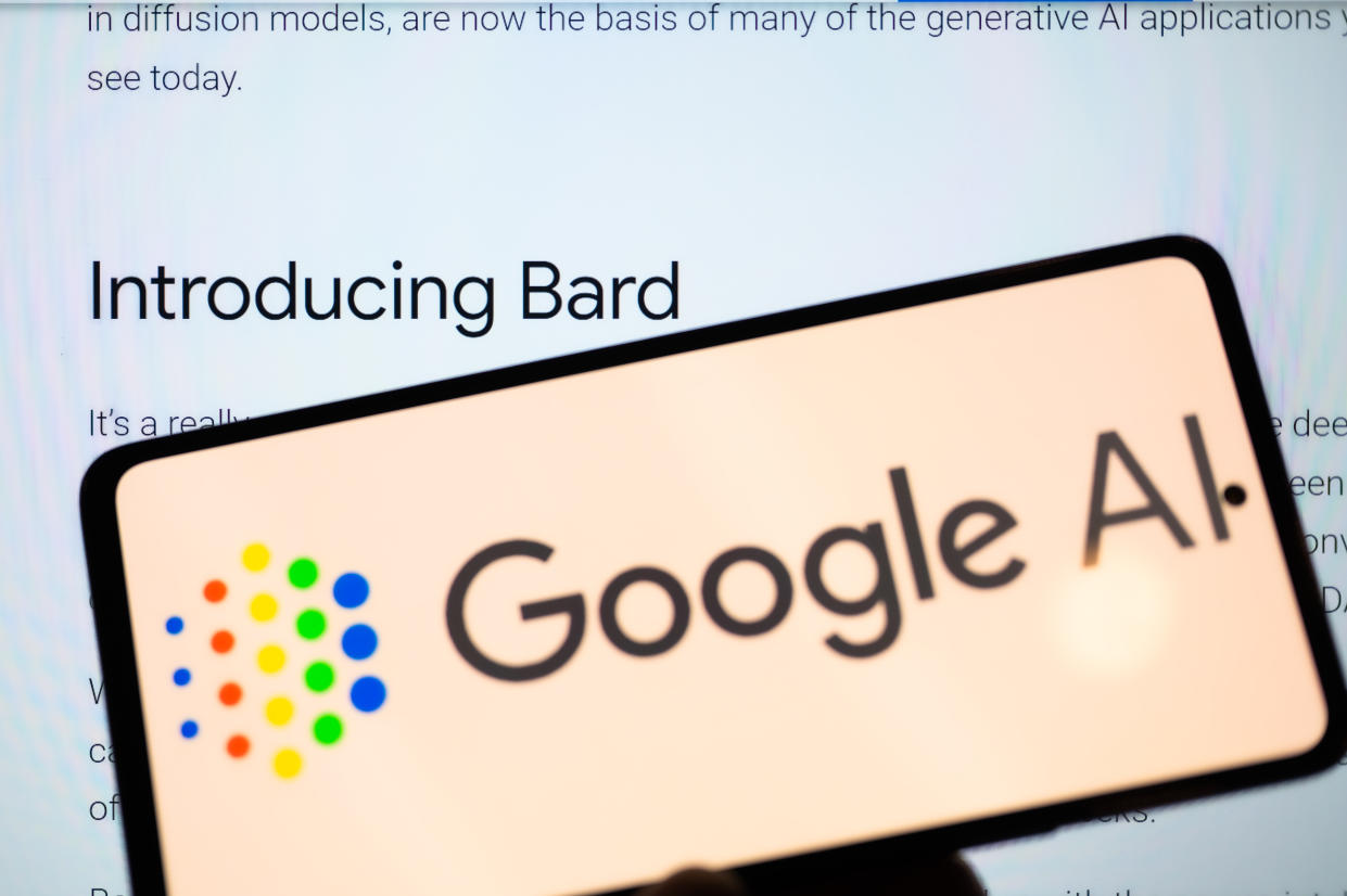 Google Bard seen on Google blog post with Google logo on mobile. On 6 February 2023 in Brussels, Belgium. (Photo illustration by Jonathan Raa/NurPhoto via Getty Images)