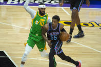 Utah Jazz guard Mike Conley (10) guards Sacramento Kings guard Delon Wright (55) during the first quarter of an NBA basketball game in Sacramento, Calif., Sunday, May 16, 2021. (AP Photo/Randall Benton)