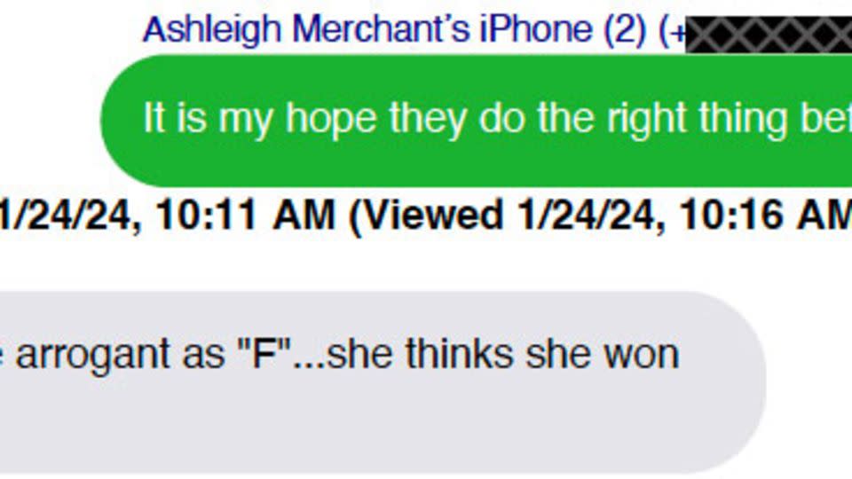 This text message shows Terrence Bradley communicating with Ashleigh Merchant in January 2024. - Obtained by CNN