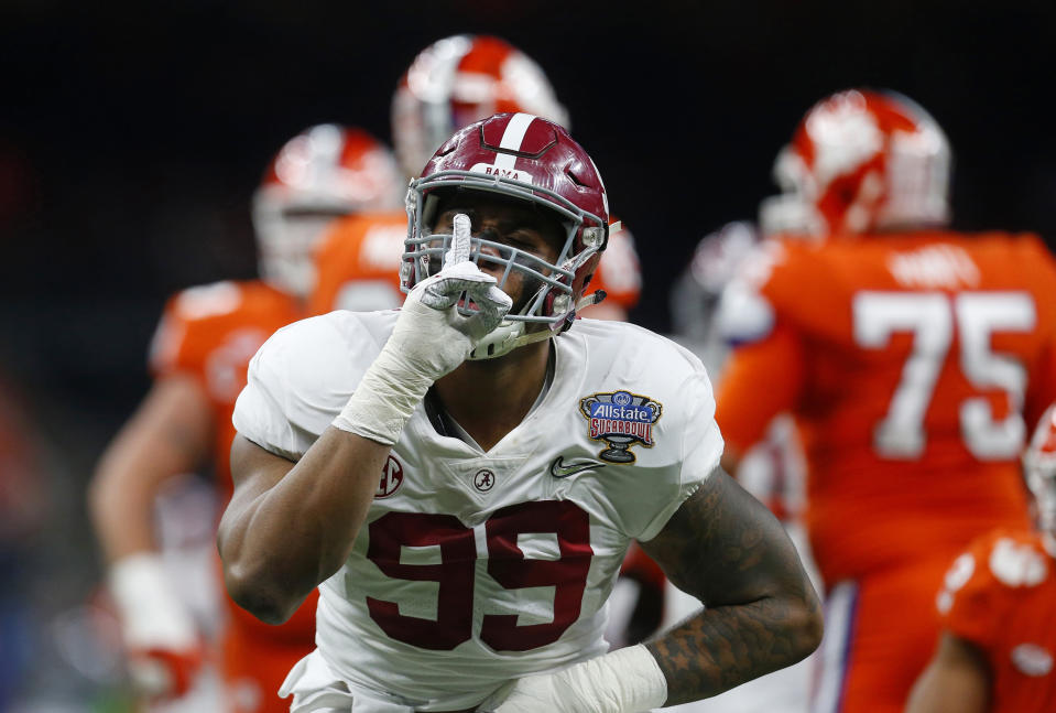 Alabama defensive lineman Raekwon Davis (99) gestures after a stop in the first half of the Sugar Bowl win over Clemson. (AP)