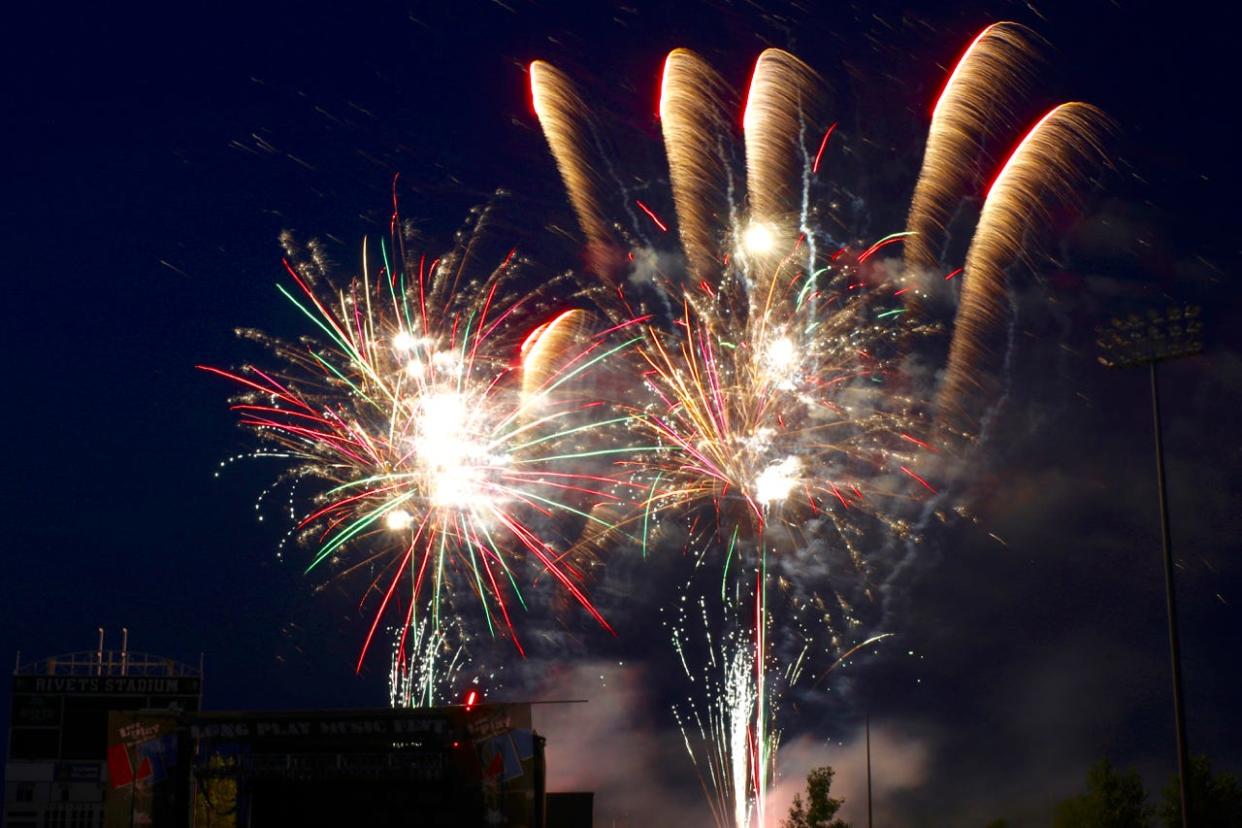 Fireworks explode in the sky over the Long Play Music Fest on Saturday, July 3, 2021, at Rockford Rivets Stadium in Loves Park.
