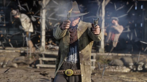 A cowboy firing two pistols at an unseen foe.