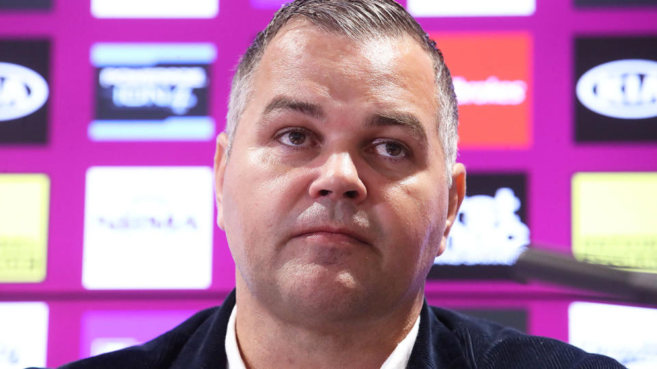 Seen here, Anthony Seibold addresses media at his Broncos farewell press conference.