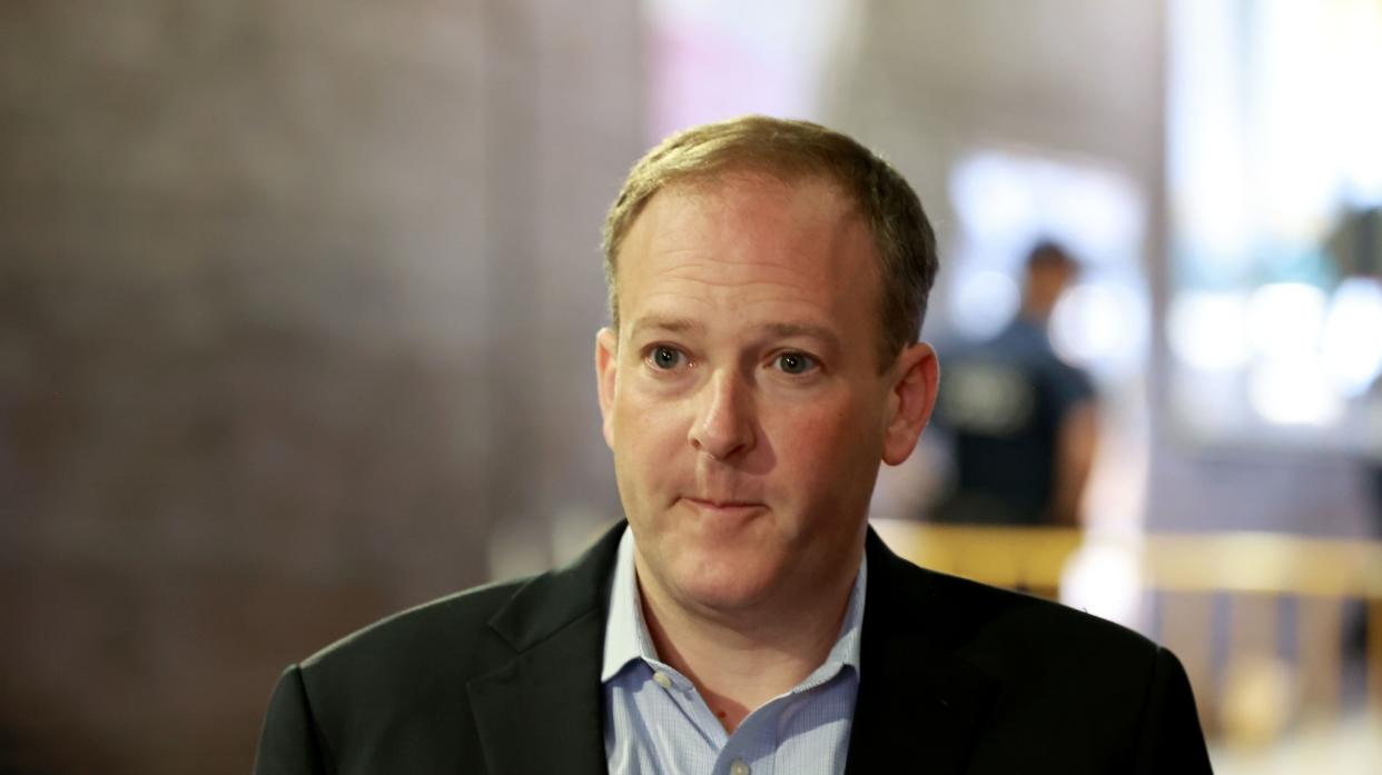 Rep. Lee Zeldin (R-N.Y.) is pictured during a press conference at the Port Authority in Manhattan, New York in August 2022.