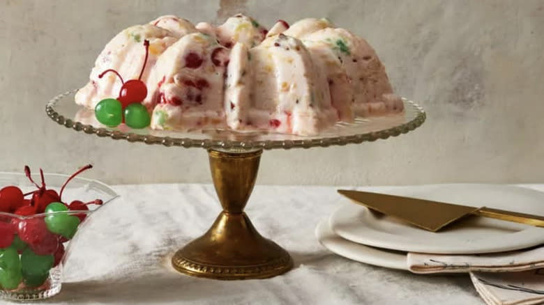 Molded Jell-O salad on cake stand