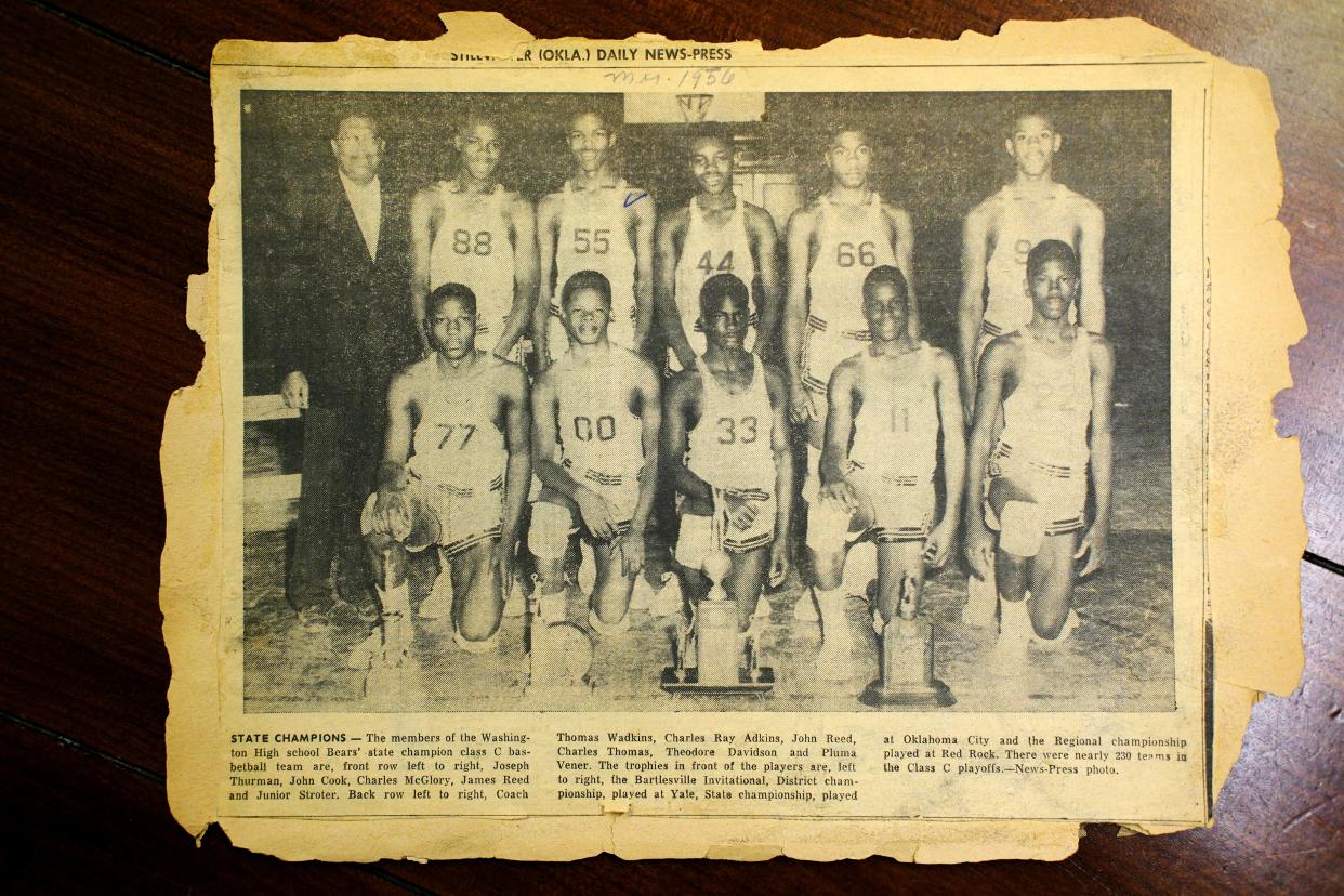 This image on Feb. 8 shows a 1956 photo published in the Stillwater News-Press of the Stillwater Booker T. Washington School state basketball championship team.
