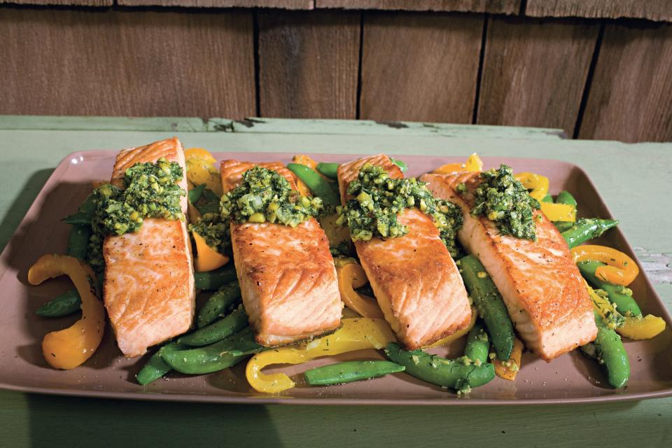 Salmon with Snap Peas, Yellow Peppers, and Dill-Pistachio Pistou