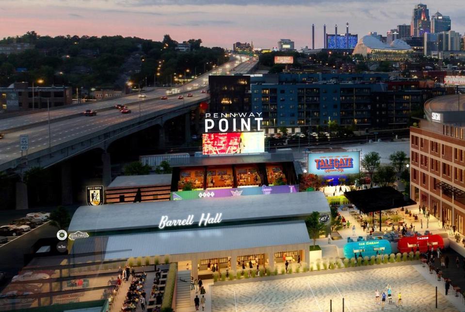 A rendering overlooking Pennway Point’s food halls, TaleGate and Barrel Hall. The Lumi Neon Museum’s neon alley will be between TaleGate to the north and Barrel Hall to the south.