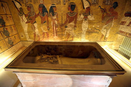 The golden sarcophagus of King Tutankhamun in his burial chamber is seen in the Valley of the Kings, in Luxor, Egypt, November 28, 2015. REUTERS/Mohamed Abd El Ghany