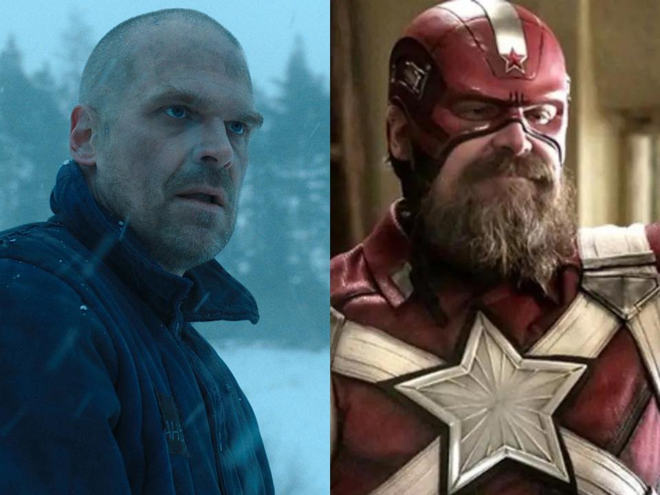 left: david harbour as hopper in season four of stranger things, standing in the show with his head shaved; right: david harbour as red guardian in black widow, wearing a skin-tight red helmet and mask, with a beard sticking out from his chin