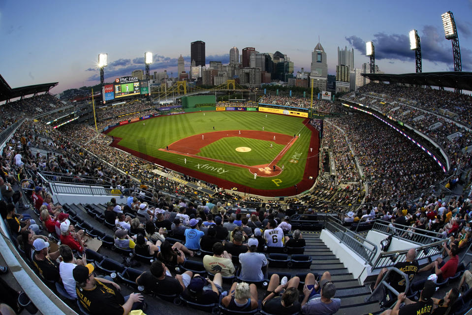 A nearly sold out crowd watches a baseball game between the Pittsburgh Pirates and the Philadelphia Phillies at PNC Park in Pittsburgh, Saturday, July 30, 2022. (AP Photo/Gene J. Puskar)