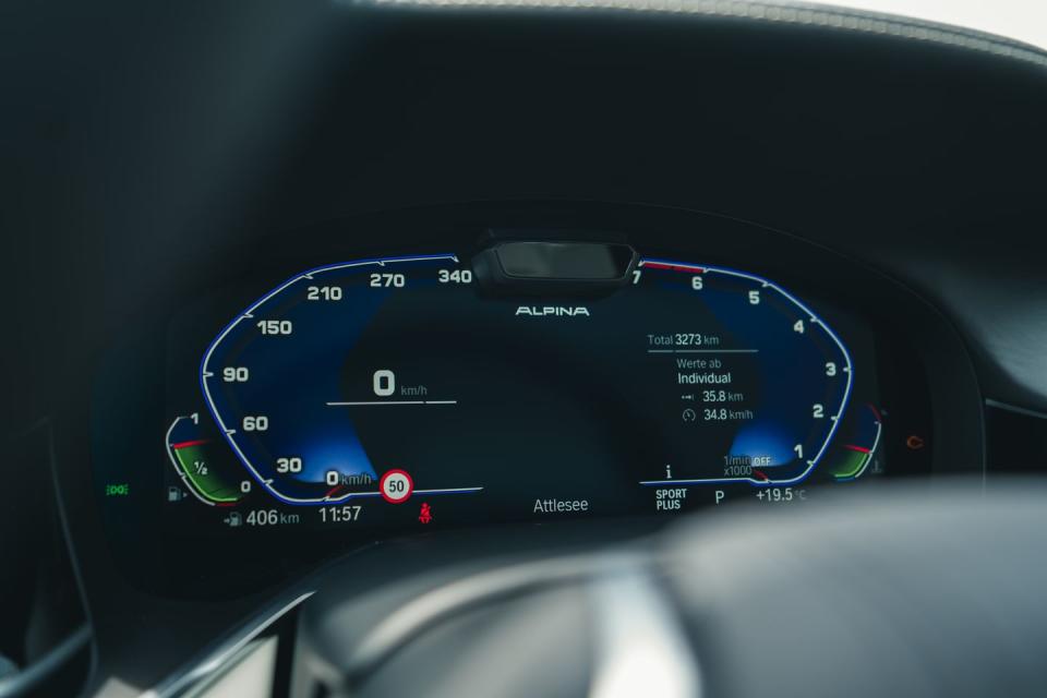 <p>Several Alpina badges and an updated digital instrument cluster highlight the B7's interior touches.</p>