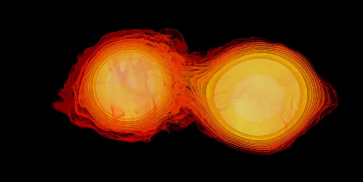 a pair of neutron stars colliding, merging, and forming a black hole