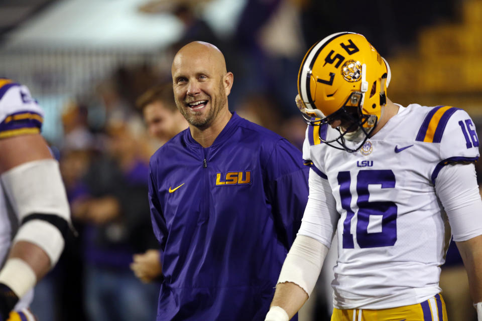 LSU offensive coordinator Matt Canada walks on the field before an NCAA college football game against Texas A&M in Baton Rouge, La., Saturday, Nov. 25, 2017. (AP Photo/Gerald Herbert)