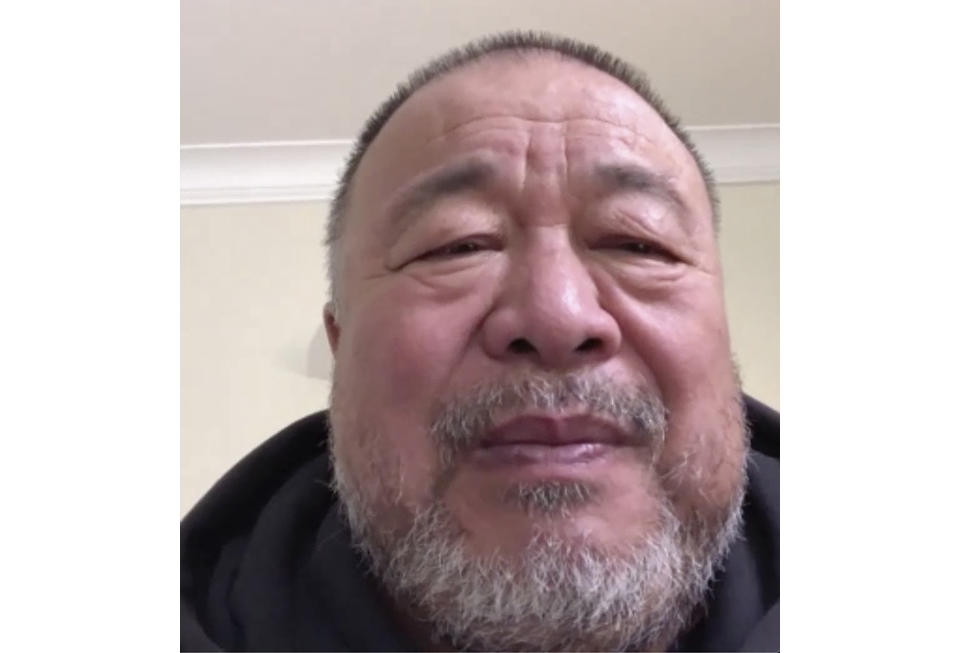 In this image made from a Skype video interview with Chinese artist dissident Ai Weiwei comments on the recent security law planned for Hong kong from a location in Cambridge, England, Wednesday, May 27, 2020. Ai Weiwei believes the newly passed national security law for Hong Kong augurs the end for the semi-autonomous city. (AP Photo/Park Juwon)