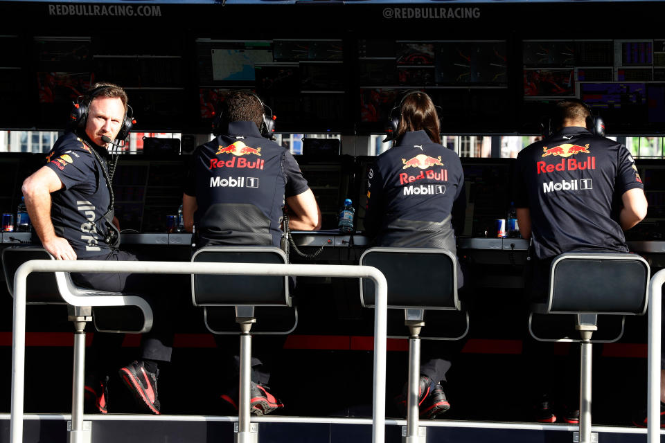 Don’t look at me, mate: Red Bull team principal Christian Horner on the Baku pit wall, from where he was unable to stop his drivers coming to grief