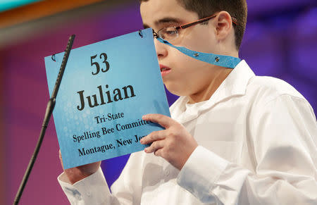 Julian Connaughton, 14, of Shohola, Pennsylvania, competes during the 2017 Scripps National Spelling Bee at National Harbor in Oxon Hill, Maryland, U.S., May 31, 2017. REUTERS/Joshua Roberts