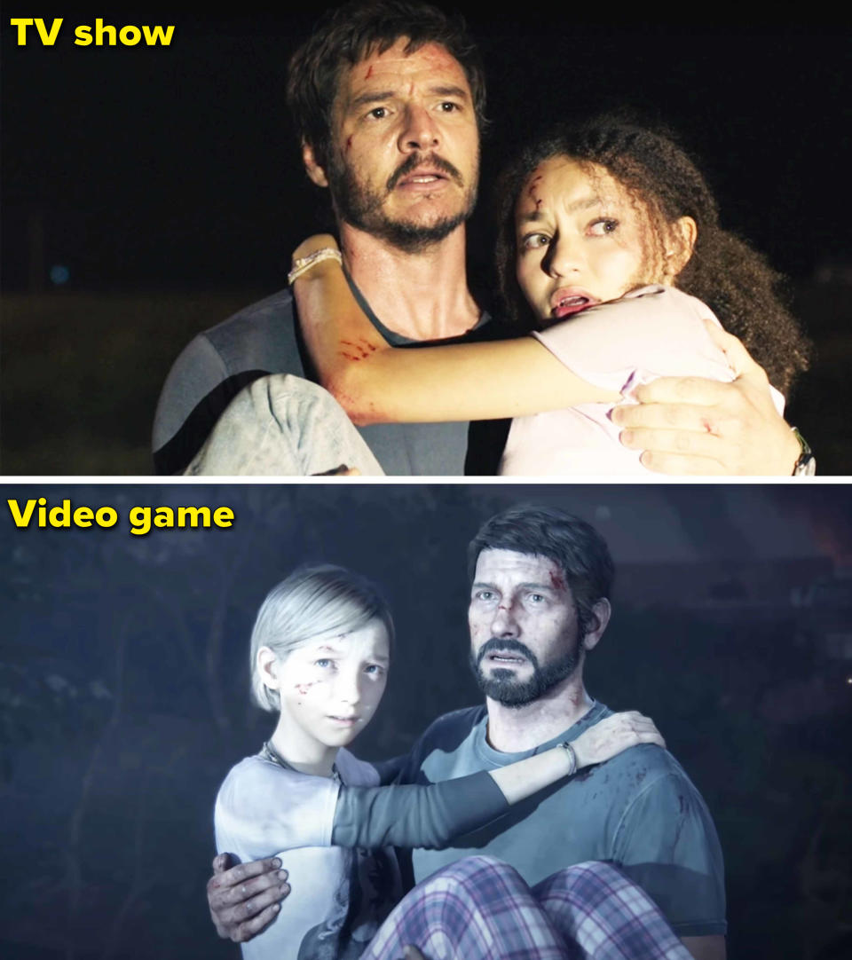 Side-by-side screenshots from "The Last of Us" movie and game