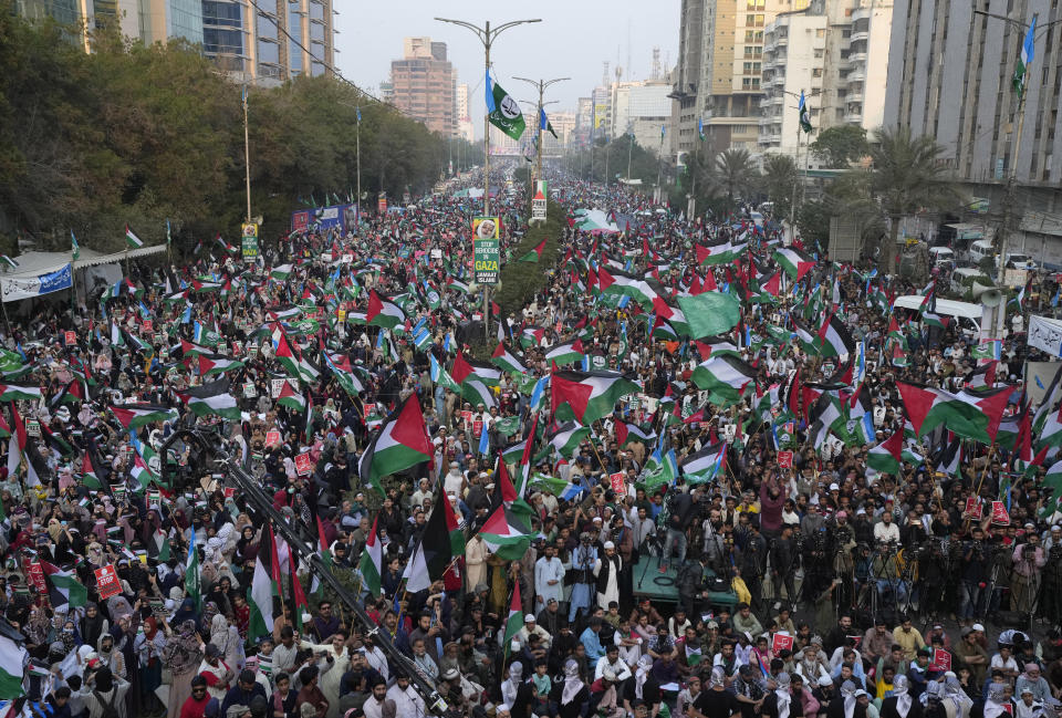 Supporters of Jamaat-e-Islami chant slogans during a protest against Israeli airstrikes and to show solidarity with Palestinian people living in Gaza, in Karachi, Pakistan, Sunday, Jan. 14, 2024. (AP Photo/Fareed Khan)