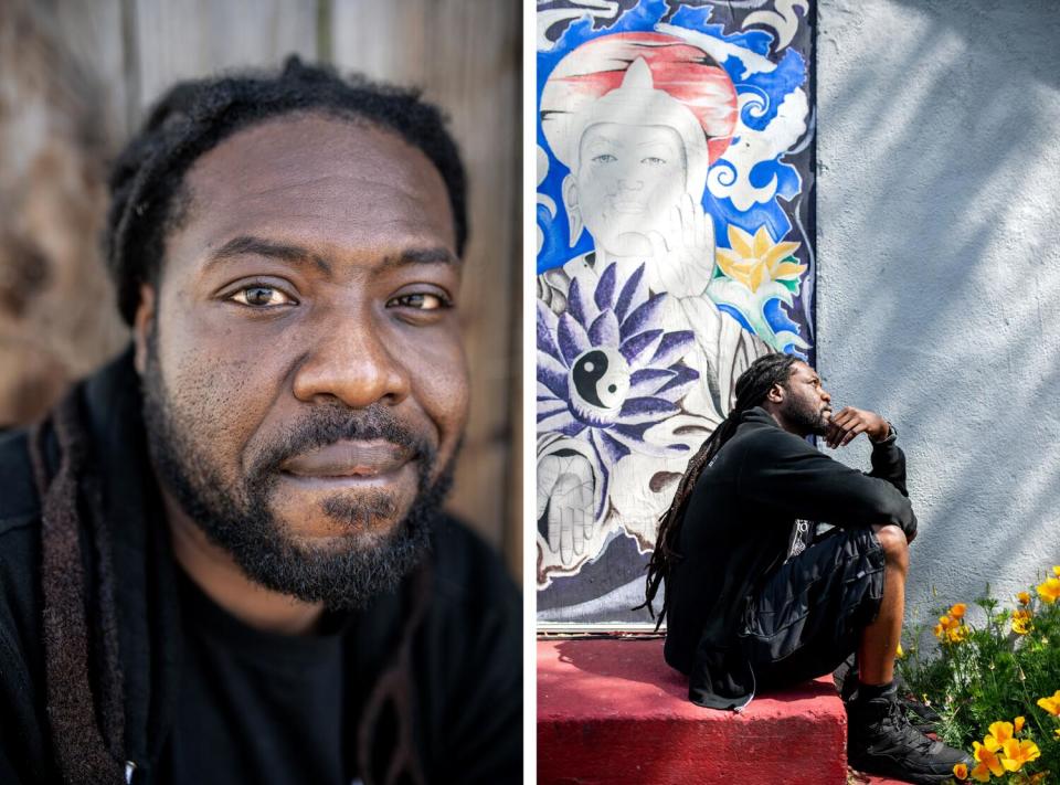 Portrait of Phillip "Rock" Lester next to an image of him sitting down in front of a colorful mural near orange flowers.