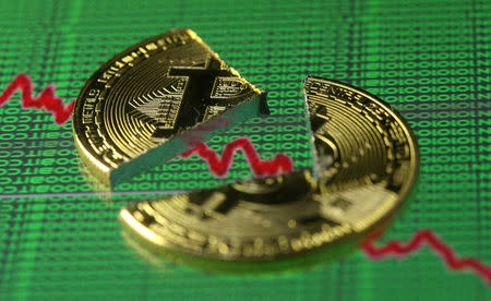 FILE PHOTO: Broken representation of the Bitcoin virtual currency, placed on a monitor that displays stock graph and binary codes, are seen in this illustration picture, December 21, 2017. REUTERS/Dado Ruvic/Illustration/File Photo