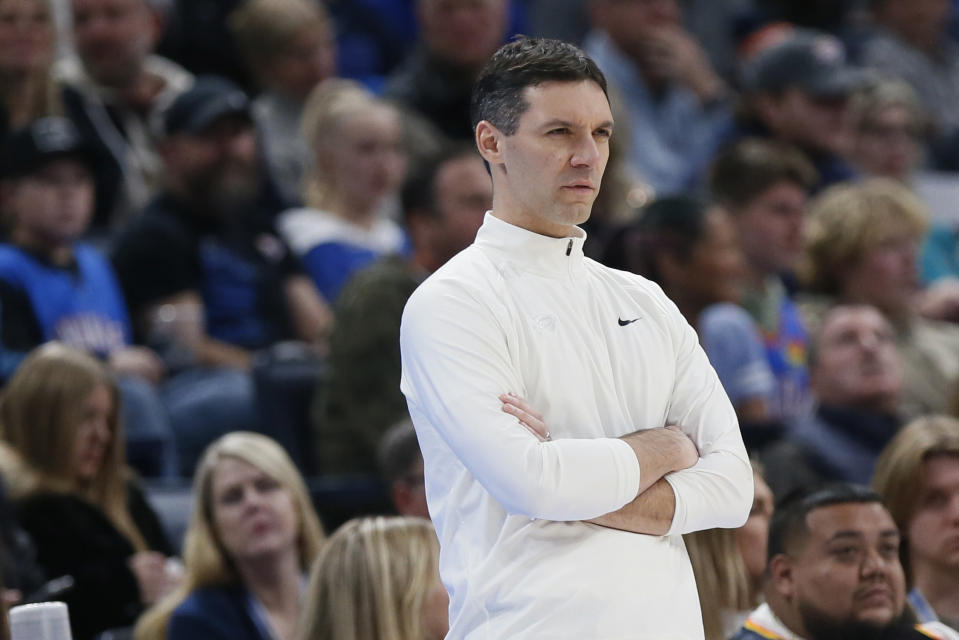 Oklahoma City Thunder coach Mark Daigneault watches the team's play the Orlando Magic during the second half of an NBA basketball game Saturday, Jan. 13, 2024, in Oklahoma City. (AP Photo/Nate Billings)