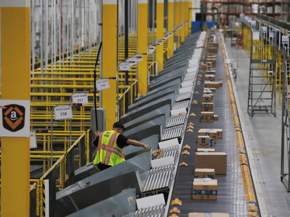 The inside of an Amazon warehouse