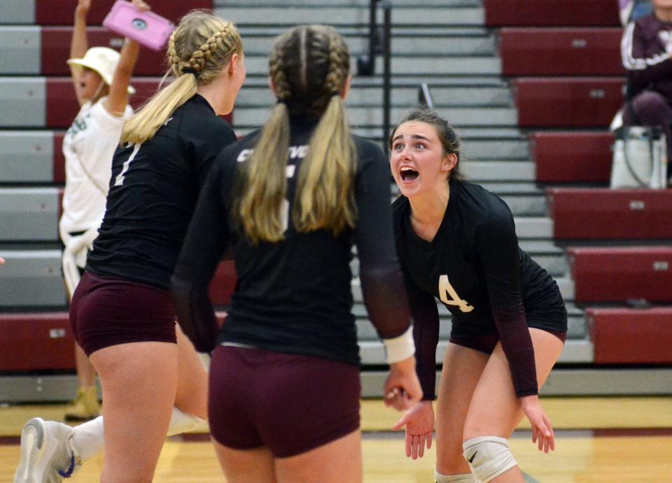 There were plenty of chances to celebrate over the weekend for the Ava Boss (right), Addison Boop (left) and the rest of the Charlevoix volleyball team in Onaway.