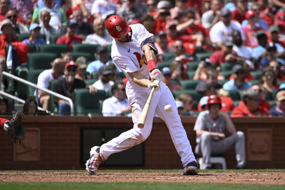 St. Louis Cardinals' Paul Goldschmidt hits a two-run double in the sixth inning of a baseball game against the Los Angeles Angels, Thursday May 4, 2023, in St. Louis. (AP Photo/Joe Puetz)