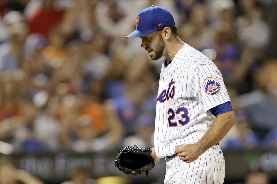 New York Mets pitcher David Peterson reacts after the final out of the sixth inning of a baseball game against the Colorado Rockies on Saturday, Aug. 27, 2022, in New York. (AP Photo/Adam Hunger)