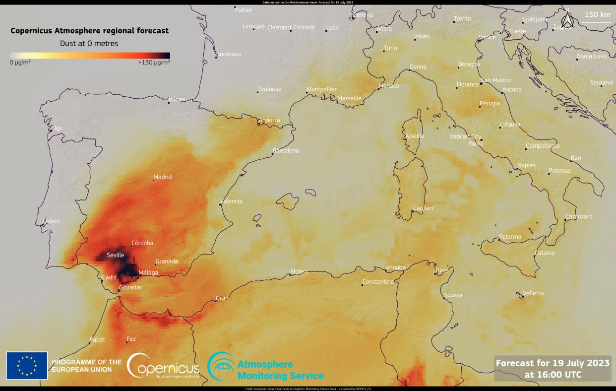 A satellite image of the Mediterranean region showing a high concentration of dust forecast for Wednesday has been released by The European Space Agency (European Union, Copernicus Atmosphere Monitoring Service Data)