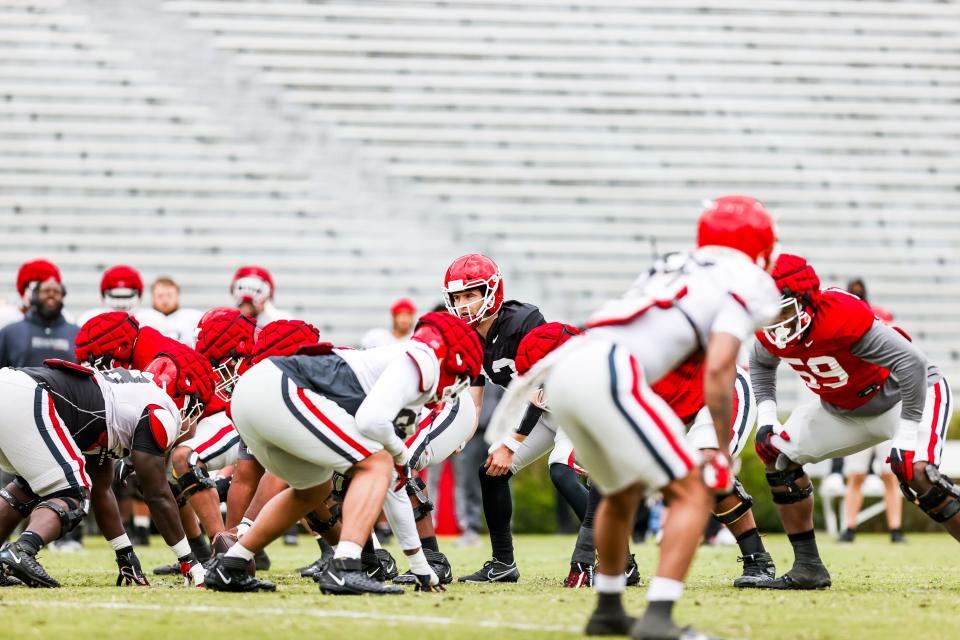 Quarterback Stetson Bennett behind center during Georgia’s practice session at Sanford Stadium in Athens, Ga., on Saturday, April 9, 2022. (Photo by Tony Walsh)