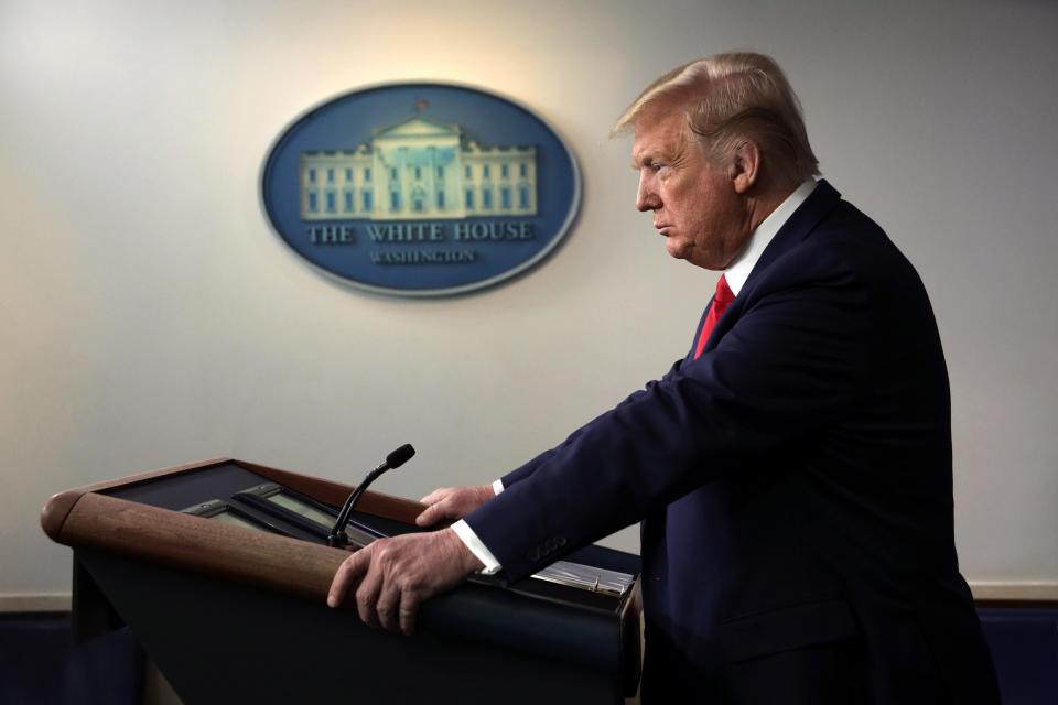 WASHINGTON, DC - MARCH 18: U.S. President Donald Trump pauses during a news briefing on the latest development of the coronavirus outbreak in the U.S. at the James Brady Press Briefing Room at the White House March 18, 2020 in Washington, DC. President Trump announced on Twitter that the U.S. and Canada will close their border to non-essential traffic to try and stop the spread of the COVID-19 pandemic.  (Photo by Alex Wong/Getty Images) *** BESTPIX *** ORG XMIT: 775496301 ORIG FILE ID: 1213303211