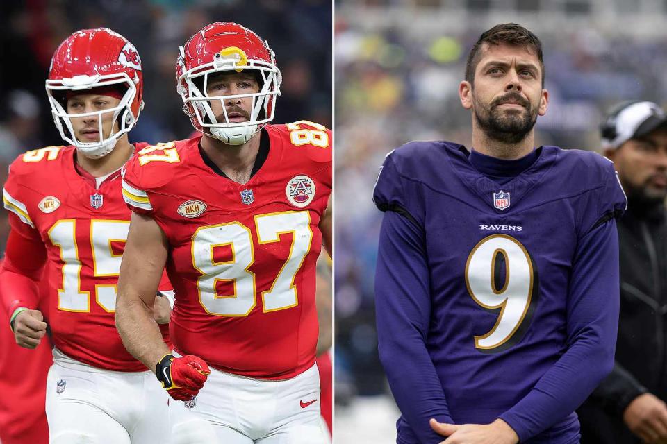 <p>Getty</p> Travis Kelce, Patrick Mahomes, and Justin Tucker