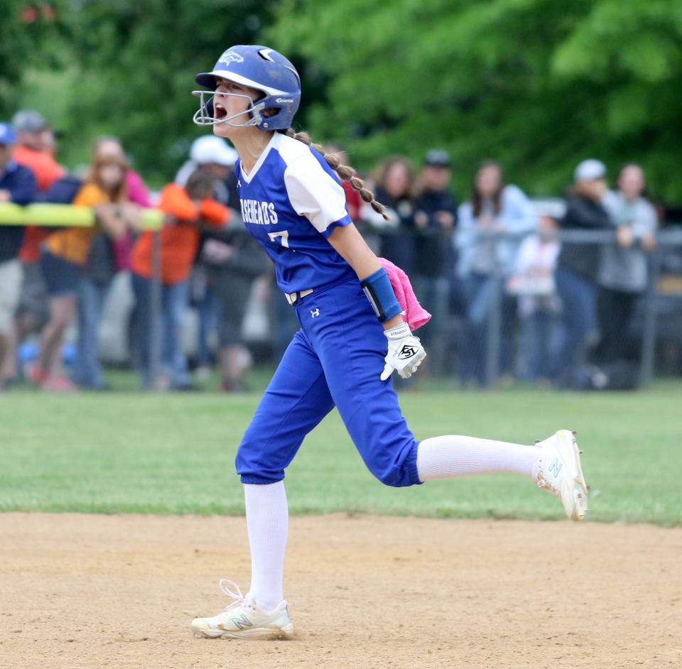 Megan Wolf rounds the bases after hitting the tying home run in a 7-5 win over Corning in the Section 4 Class AA softball championship game May 28, 2022 at the BAGSAI Complex in Binghamton.