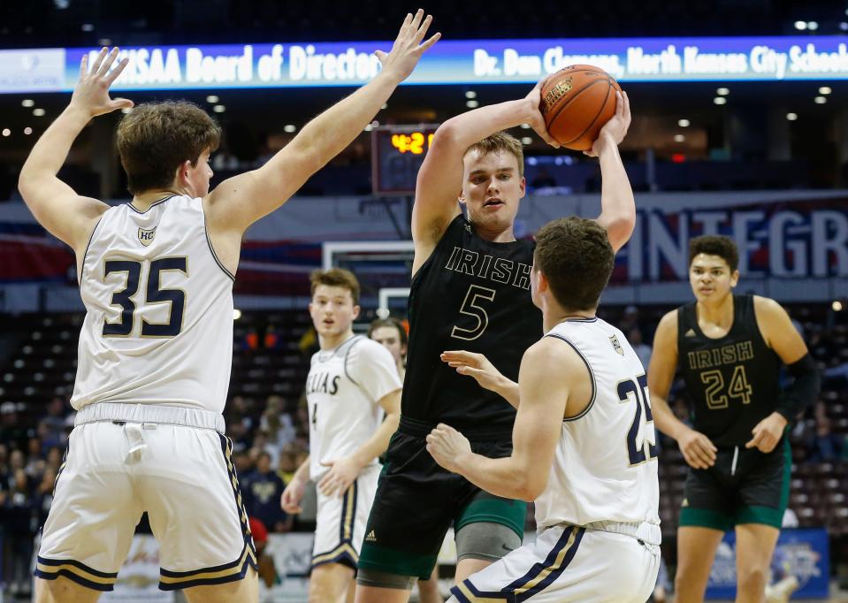 Zach Howell, of Springfield Catholic, during the Fighting Irish's semifinal game against Helias Catholic during the 2022 Show-Me Showdown at JQH Arena o Friday, March 18, 2022.