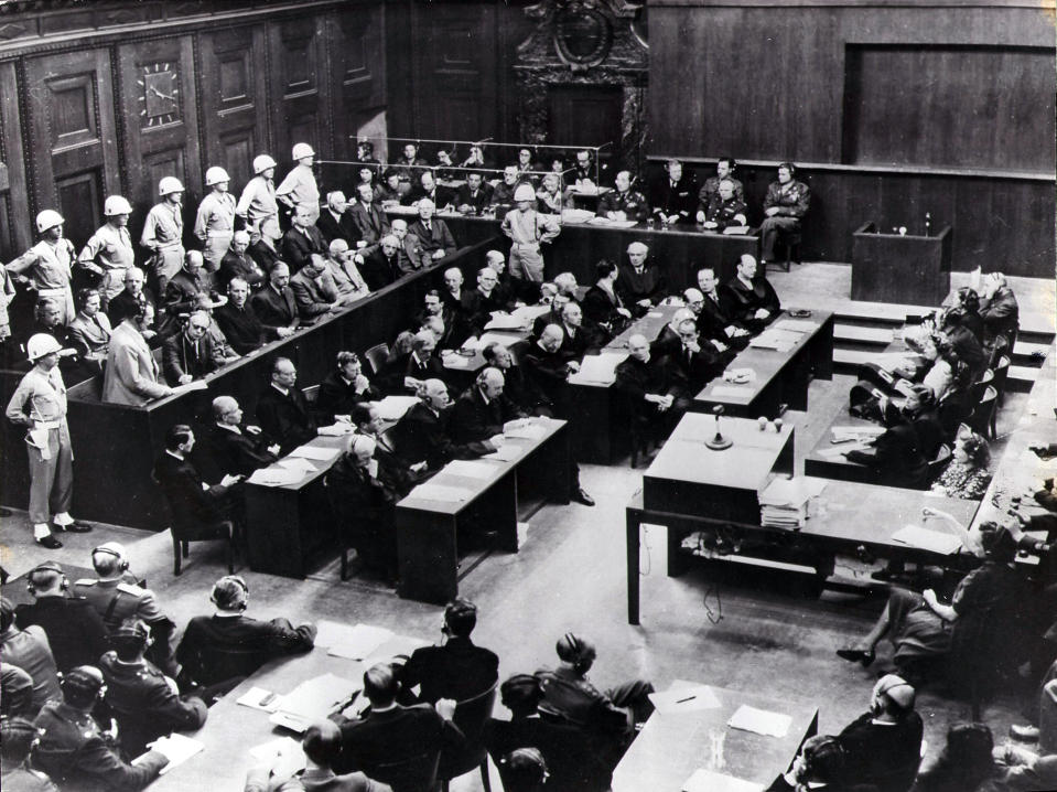 FILE - This 1945 file picture shows the interior view of the court room of the Nuremberg Trials against Top Nazis in Nuremberg. Audio recordings from the historic Nuremberg trials will be made available to the public for the first time in digital form after a nearly two-year digitization process conducted in secret. The files capture around 1,200 hours of the high-profile trial of Nazi leaders in Nuremberg, Germany from 1945 to 1946. (dpa via AP, File)
