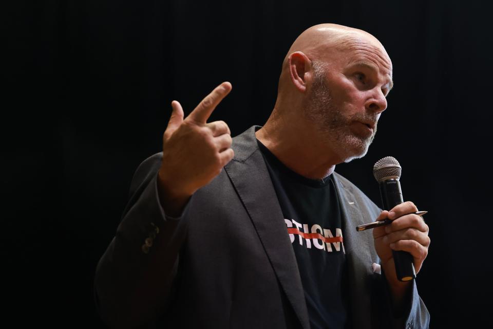 Kevin Lynch, founder of the Quell Foundation, speaks during a panel discussion on Thursday in South Yarmouth following a screening of "Lift the Mask: First Responders Sound the Alarm" at Dennis-Yarmouth Regional High School.