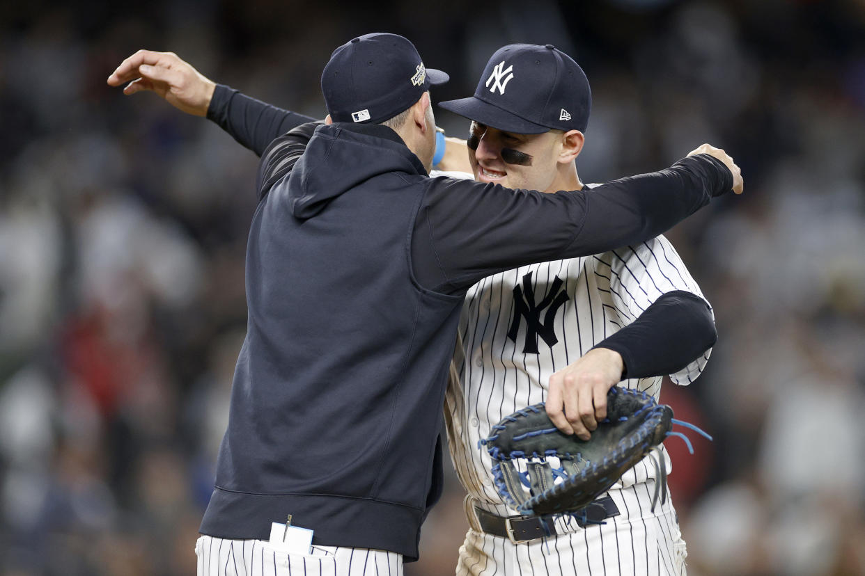 Anthony Rizzo and the New York Yankees go from celebrating an ALDS win on Tuesday to ALCS Game 1 on Wednesday. (Photo by Sarah Stier/Getty Images)