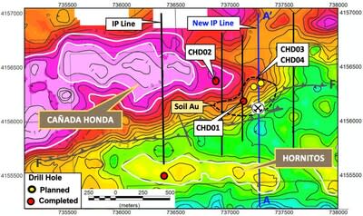 Figure 1 – Cañada Honda gravity anomaly map with drill hole locations and cross section location A-A’ in Figure 2. (CNW Group/Pan Global Resources Inc.)