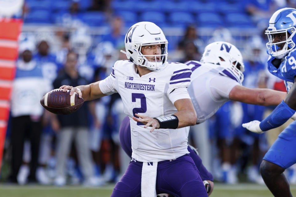 Northwestern's Ben Bryant (2) looks to pass during the second half of an NCAA college football game against Duke in Durham, N.C., Saturday, Sept. 16, 2023. (AP Photo/Ben McKeown)