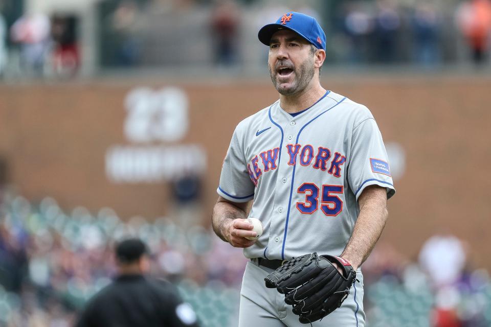 Mets pitcher Justin Verlander reacts to a play against the Tigers during the first inning at Comerica Park on Thursday, May 4, 2023.