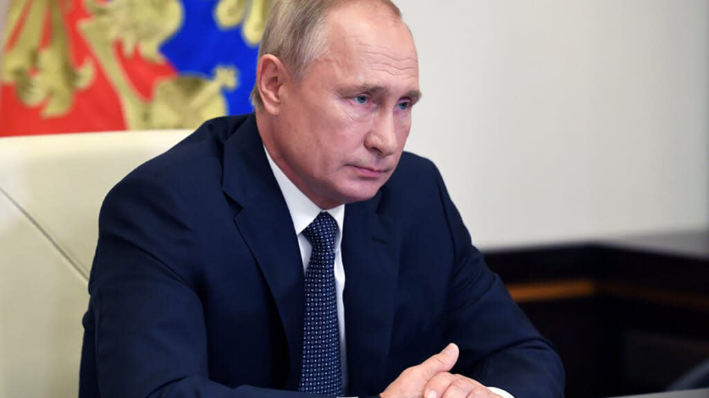 Russian President Vladimir Putin attends a cabinet meeting at the Novo-Ogaryovo residence outside Moscow, Russia, Tuesday, Aug. 11, 2020. (Alexei Nikolsky, Sputnik, Kremlin Pool Photo via AP)