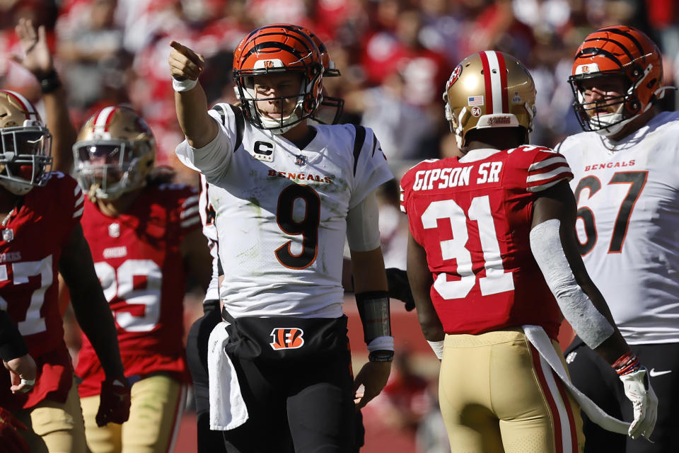 Cincinnati Bengals quarterback Joe Burrow (9) gestures during the first half of an NFL football game against the San Francisco 49ers in Santa Clara, Calif., Sunday, Oct. 29, 2023. (AP Photo/Josie Lepe)